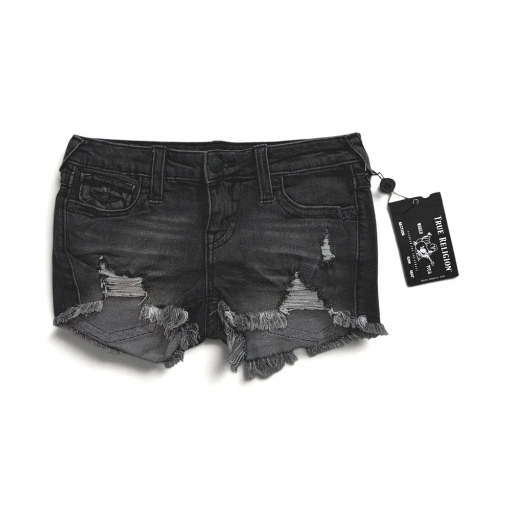 True Religion Joey Low Rise Cut Off Denim Shorts Moon Light Distressed Black 26